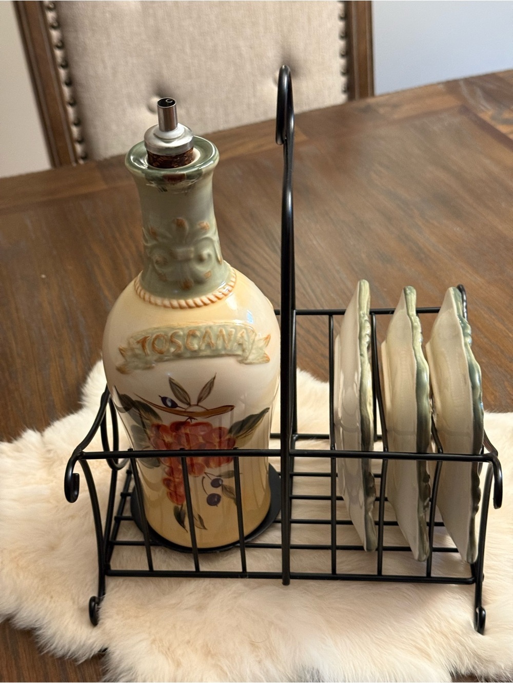 Toscana Oil Bottle & Certified International Coaster Set with Iron Caddy